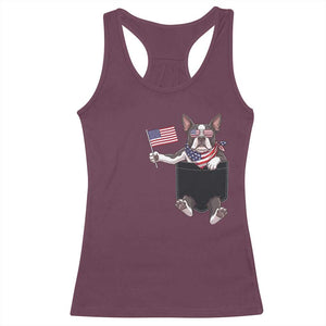 Funny Patriotic French Bulldog in Pocket Graphic Racerback Tank Top Cute Frenchie Waving US Flag Sunglasses Faux Summer TS02 Maroon Print Your Wear