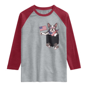 Funny Patriotic French Bulldog in Pocket Graphic Raglan Shirt Cute Frenchie Waving US Flag Sunglasses Faux Summer TS02 Heather Gray Heather Red Print Your Wear