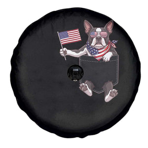 Funny Patriotic French Bulldog in Pocket Graphic Spare Tire Cover Cute Frenchie Waving US Flag Sunglasses Faux Summer