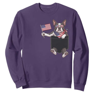 Funny Patriotic French Bulldog in Pocket Graphic Sweatshirt Cute Frenchie Waving US Flag Sunglasses Faux Summer TS02 Purple Print Your Wear