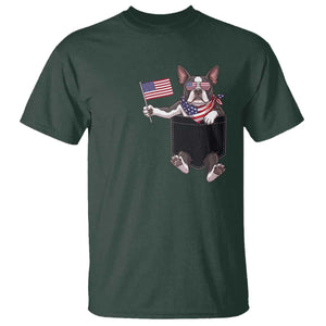 Funny Patriotic French Bulldog in Pocket Graphic T Shirt Cute Frenchie Waving US Flag Sunglasses Faux Summer TS02 Dark Forest Green Print Your Wear
