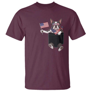 Funny Patriotic French Bulldog in Pocket Graphic T Shirt Cute Frenchie Waving US Flag Sunglasses Faux Summer TS02 Maroon Print Your Wear