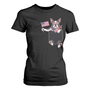 Funny Patriotic French Bulldog in Pocket Graphic T Shirt For Women Cute Frenchie Waving US Flag Sunglasses Faux Summer TS02 Black Print Your Wear