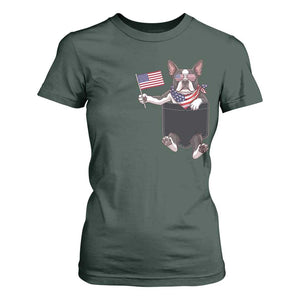 Funny Patriotic French Bulldog in Pocket Graphic T Shirt For Women Cute Frenchie Waving US Flag Sunglasses Faux Summer TS02 Dark Forest Green Print Your Wear