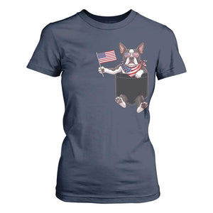 Funny Patriotic French Bulldog in Pocket Graphic T Shirt For Women Cute Frenchie Waving US Flag Sunglasses Faux Summer TS02 Navy Print Your Wear