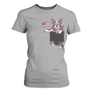 Funny Patriotic French Bulldog in Pocket Graphic T Shirt For Women Cute Frenchie Waving US Flag Sunglasses Faux Summer TS02 Sport Gray Print Your Wear