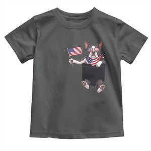 Funny Patriotic French Bulldog in Pocket Graphic Toddler T Shirt Cute Frenchie Waving US Flag Sunglasses Faux Summer TS02 Dark Heather Print Your Wear
