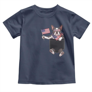 Funny Patriotic French Bulldog in Pocket Graphic Toddler T Shirt Cute Frenchie Waving US Flag Sunglasses Faux Summer TS02 Navy Print Your Wear