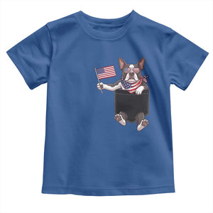 Funny Patriotic French Bulldog in Pocket Graphic Toddler T Shirt Cute Frenchie Waving US Flag Sunglasses Faux Summer TS02 Royal Blue Print Your Wear