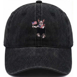 Funny Patriotic French Bulldog in Pocket Graphic Washed Cotton Baseball Cap Cute Frenchie Waving US Flag Sunglasses Faux Summer TS02 Print Your Wear