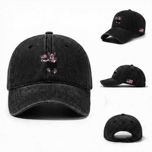 Funny Patriotic French Bulldog in Pocket Graphic Washed Cotton Baseball Cap Cute Frenchie Waving US Flag Sunglasses Faux Summer TS02 Washed Cap Universal Fit Black Print Your Wear