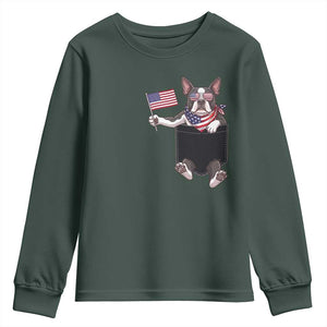 Funny Patriotic French Bulldog in Pocket Graphic Youth Sweatshirt Cute Frenchie Waving US Flag Sunglasses Faux Summer TS02 Dark Forest Green Print Your Wear