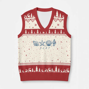 8647 Sea Shells Starfish Vintage Coastal Blue Line Graphic V-Neck Knit Sweater Vest Coded Political Satire TS02 Beige Red Print Your Wear