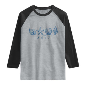 8647 Sea Shells Starfish Vintage Coastal Blue Line Graphic Raglan Shirt Coded Political Satire TS02 Heather Gray Black Print Your Wear