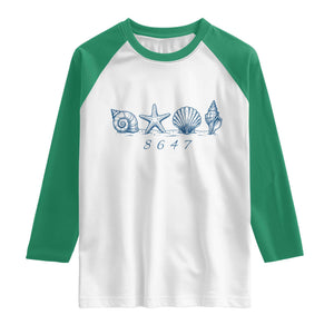 8647 Sea Shells Starfish Vintage Coastal Blue Line Graphic Raglan Shirt Coded Political Satire TS02 White Kelly Green Print Your Wear
