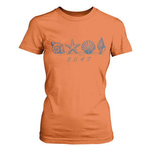 8647 Sea Shells Starfish Vintage Coastal Blue Line Graphic T Shirt For Women Coded Political Satire TS02 Orange Print Your Wear