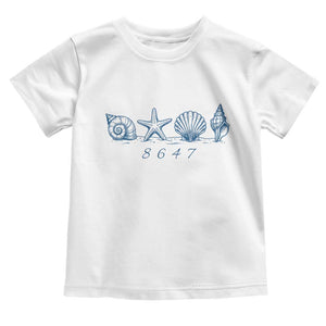 8647 Sea Shells Starfish Vintage Coastal Blue Line Graphic Toddler T Shirt Coded Political Satire TS02 White Print Your Wear