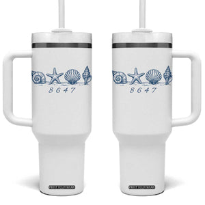 8647 Sea Shells Starfish Vintage Coastal Blue Line Graphic Tumbler With Handle Coded Political Satire TS02 One Size: 40 oz White Print Your Wear