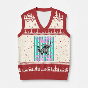 Y'all Were Feral But I Low Key Love You Pink Stripes Raccoon V-Neck Knit Sweater Vest Funny Teacher End of School Year TS02 Beige Red Print Your Wear
