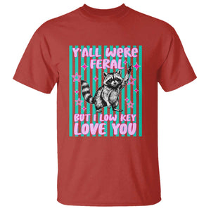 Y'all Were Feral But I Low Key Love You Pink Stripes Raccoon T Shirt Funny Teacher End of School Year TS02 Red Print Your Wear