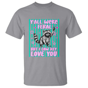 Y'all Were Feral But I Low Key Love You Pink Stripes Raccoon T Shirt Funny Teacher End of School Year TS02 Sport Gray Print Your Wear