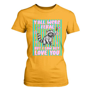 Y'all Were Feral But I Low Key Love You Pink Stripes Raccoon T Shirt For Women Funny Teacher End of School Year