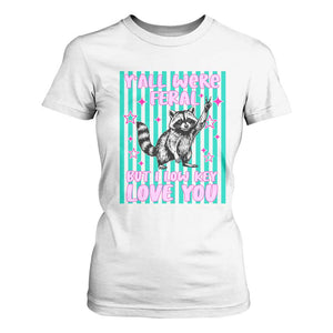 Y'all Were Feral But I Low Key Love You Pink Stripes Raccoon T Shirt For Women Funny Teacher End of School Year