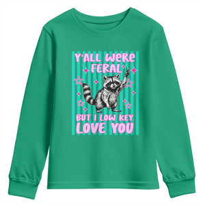 Y'all Were Feral But I Low Key Love You Pink Stripes Raccoon Youth Sweatshirt Funny Teacher End of School Year TS02 Irish Green Print Your Wear