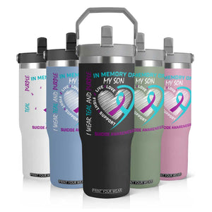 In Memory of My Son Suicide Awareness Flip Straw Tumbler Teal and Purple Ribbon Remembrance Gift