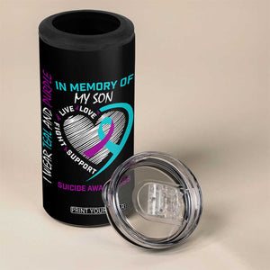 In Memory of My Son Suicide Awareness 4 in 1 Can Cooler Tumbler Teal and Purple Ribbon Remembrance Gift