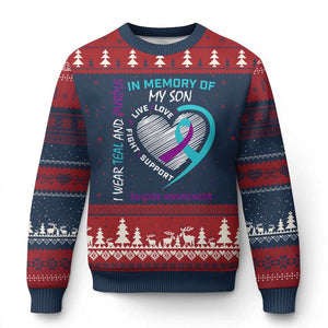 In Memory of My Son Suicide Awareness Ugly Christmas Sweater Teal and Purple Ribbon Remembrance Gift
