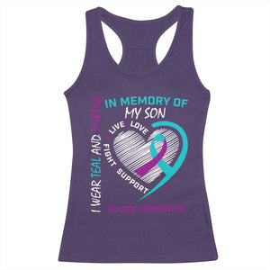 In Memory of My Son Suicide Awareness Racerback Tank Top Teal and Purple Ribbon Remembrance Gift
