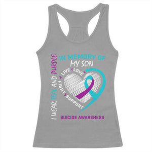 In Memory of My Son Suicide Awareness Racerback Tank Top Teal and Purple Ribbon Remembrance Gift