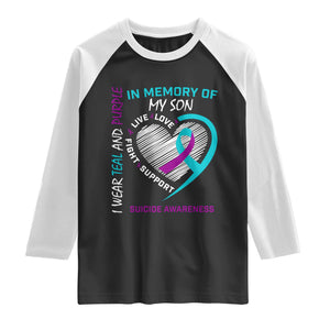 In Memory of My Son Suicide Awareness Raglan Shirt Teal and Purple Ribbon Remembrance Gift