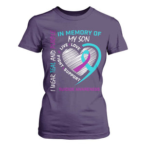 In Memory of My Son Suicide Awareness T Shirt For Women Teal and Purple Ribbon Remembrance Gift