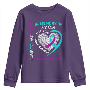 In Memory of My Son Suicide Awareness Youth Sweatshirt Teal and Purple Ribbon Remembrance Gift