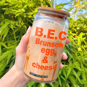B.E.C. Brunson Egg and Cheese Sandwich Pun Glass Can Funny New York Bodega Breakfast Basketball Fan