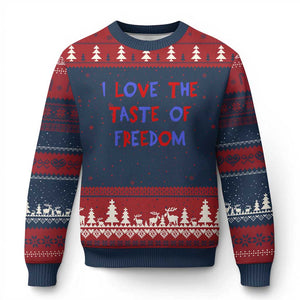 I Love The Taste Of Freedom Americana Matching Couple Ugly Christmas Sweater Funny Patriotic Red White and Blue 4th of July