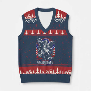 St Michael Defend America Archangel Graphic V-Neck Knit Sweater Vest Christian Faith Patriotic