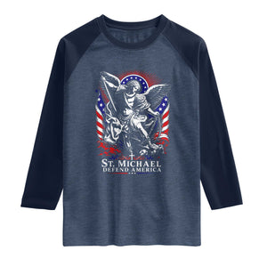 St Michael Defend America Archangel Graphic Raglan Shirt Christian Faith Patriotic