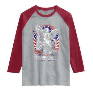 St Michael Defend America Archangel Graphic Raglan Shirt Christian Faith Patriotic