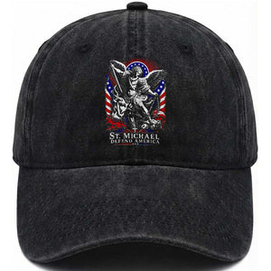 St Michael Defend America Archangel Graphic Washed Cotton Baseball Cap Christian Faith Patriotic