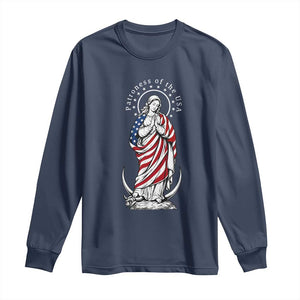 Patroness of the USA Virgin Mary Graphic Long Sleeve Shirt Patriotic American Flag Catholic Faith