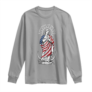 Patroness of the USA Virgin Mary Graphic Long Sleeve Shirt Patriotic American Flag Catholic Faith