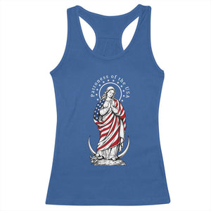 Patroness of the USA Virgin Mary Graphic Racerback Tank Top Patriotic American Flag Catholic Faith
