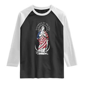 Patroness of the USA Virgin Mary Graphic Raglan Shirt Patriotic American Flag Catholic Faith
