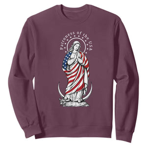 Patroness of the USA Virgin Mary Graphic Sweatshirt Patriotic American Flag Catholic Faith