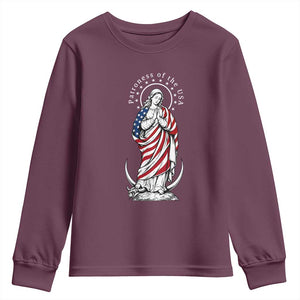 Patroness of the USA Virgin Mary Graphic Youth Sweatshirt Patriotic American Flag Catholic Faith