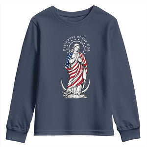 Patroness of the USA Virgin Mary Graphic Youth Sweatshirt Patriotic American Flag Catholic Faith