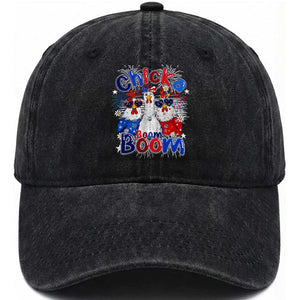 Funny Patriotic Chickens 4th of July Fireworks Washed Cotton Baseball Cap Retro Chicka Boom Boom Hen Rooster Chick Graphic